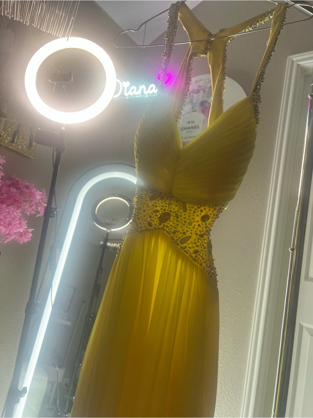 Betsy & Adam Yellow Beaded Evening Dress